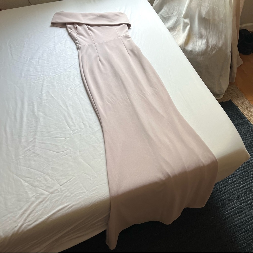 KATIE MAY dusty rose pink asymmetrical off one shoulder maxi dress gown